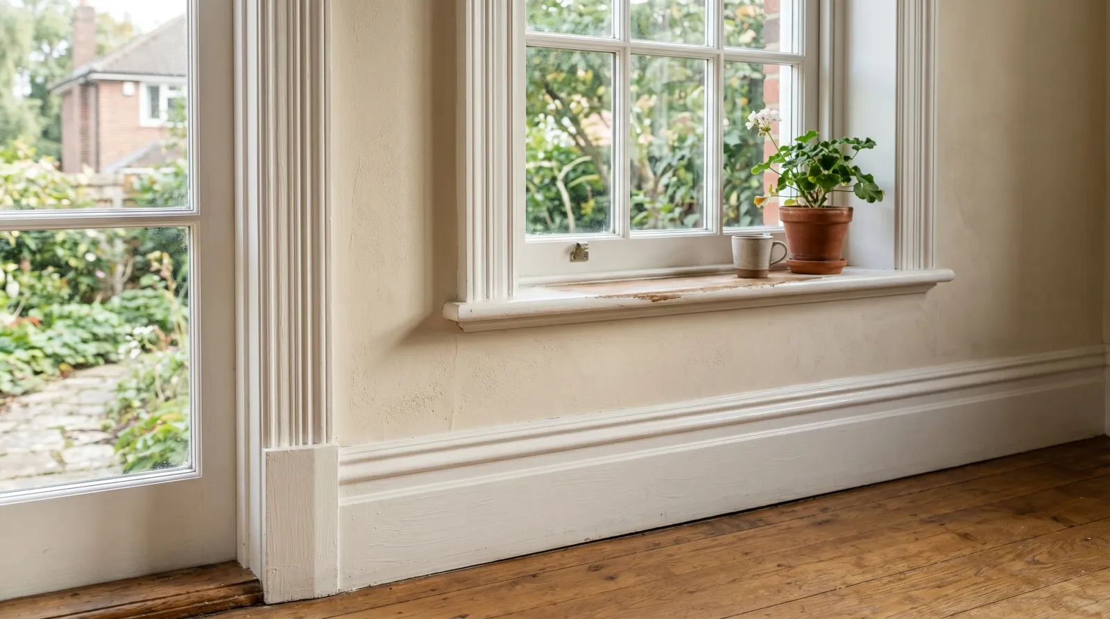Crisp white painted trim around a window casing in morning light