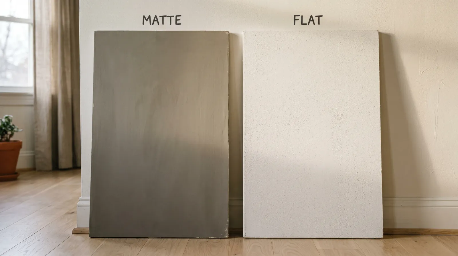 Two drywall sample boards labeled matte and flat side by side under raking afternoon daylight, showing different surface textures