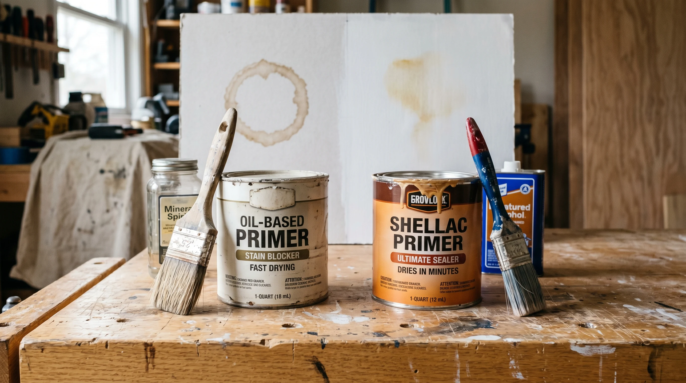 Two specialty primer cans on a workbench beside their solvent jars and a sample board showing a water ring under oil primer and a nicotine stain under shellac primer