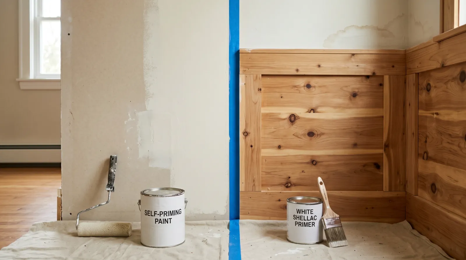 An interior wall divided by painter's tape — left side a sound scuff-sanded drywall under one coat of self-priming paint, right side bare knotty cedar and a water-stained ceiling corner staged with a separate primer can and brush