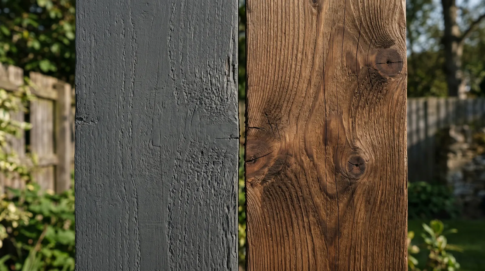Two fence boards side by side, one painted solid and one stained semi-transparent