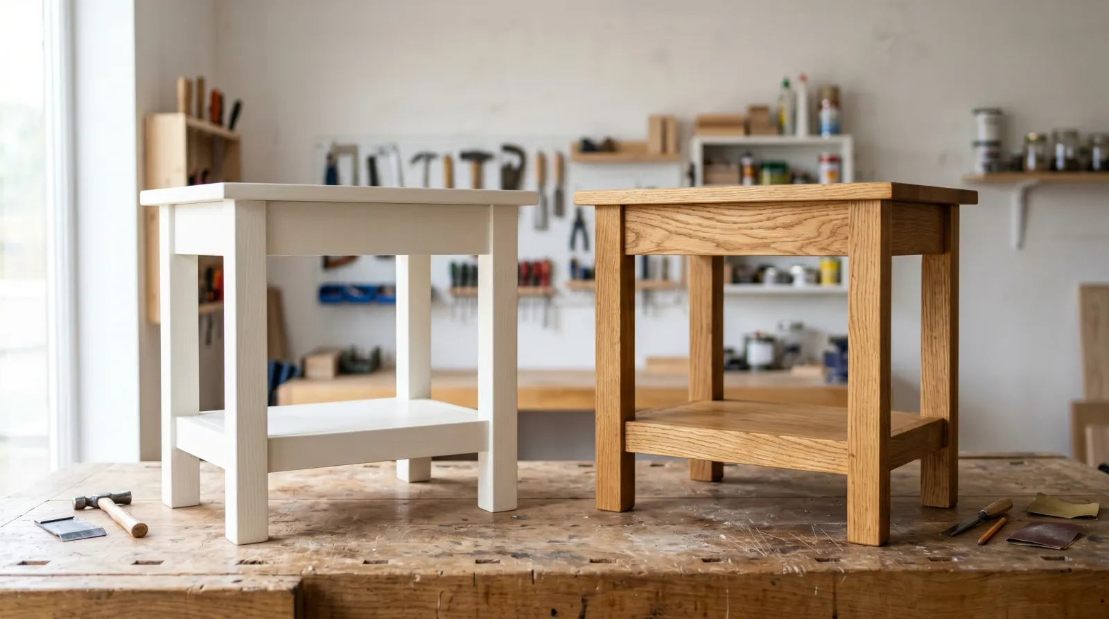Two side tables side by side, one painted off-white and one stained honey oak
