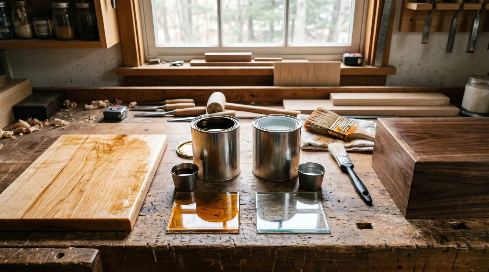 A workbench with two clear wood topcoat samples, one amber and one water-clear, beside maple and walnut pieces.