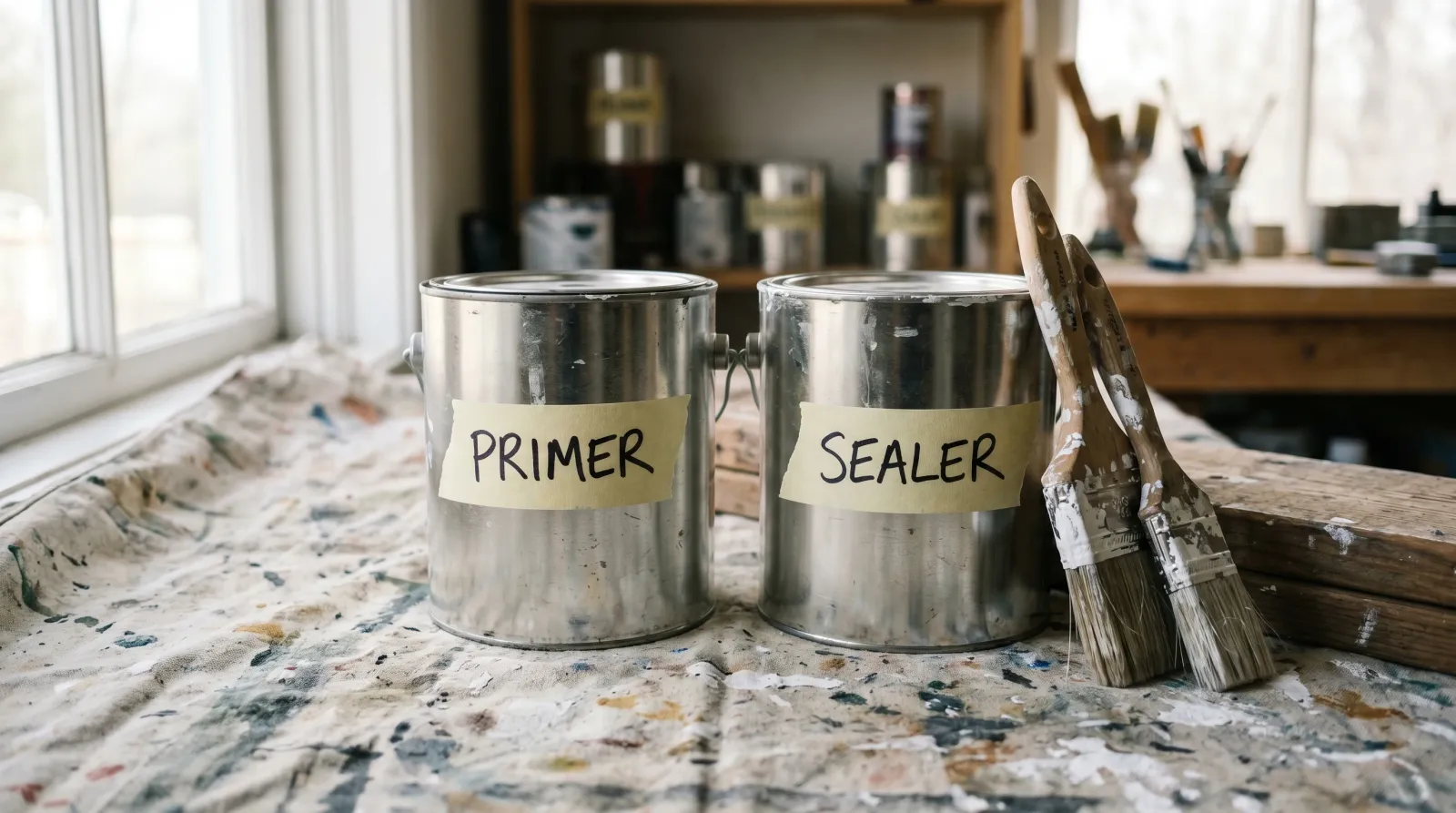 Primer can and sealer can side by side on a drop cloth with brushes