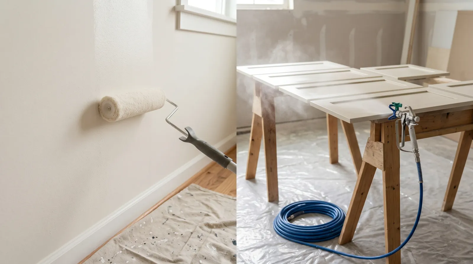 Side-by-side jobsite — a 9-inch roller on an interior wall on the left, an airless sprayer misting cabinet doors on the right
