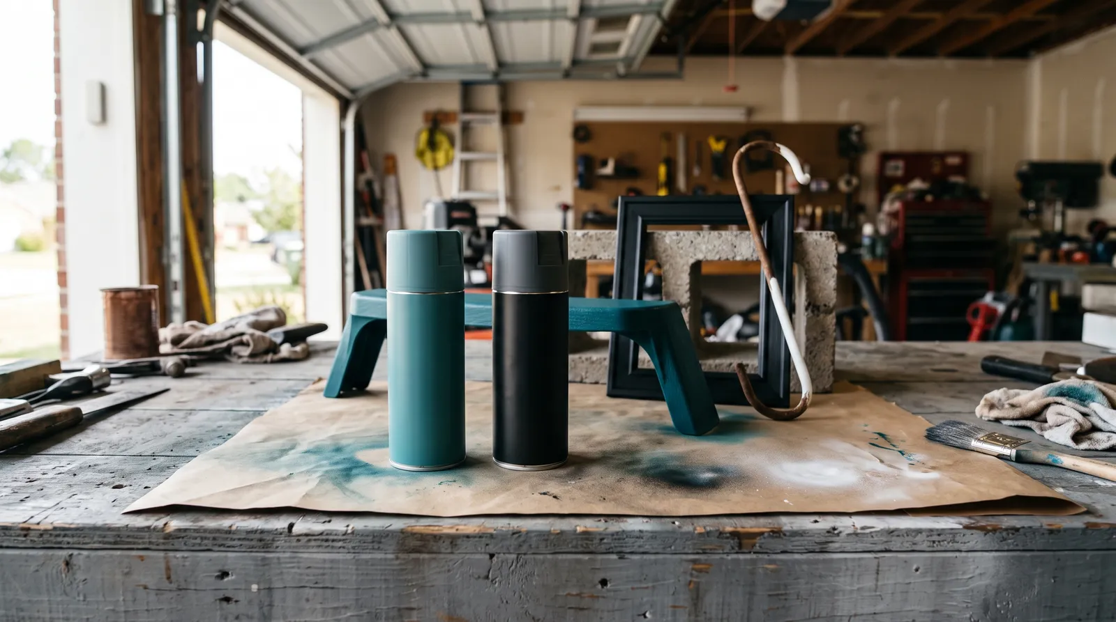 Two plain aerosol spray cans on a garage workbench beside a freshly sprayed plastic chair arm, a black wooden picture frame, and a half-coated rusty steel garden hook