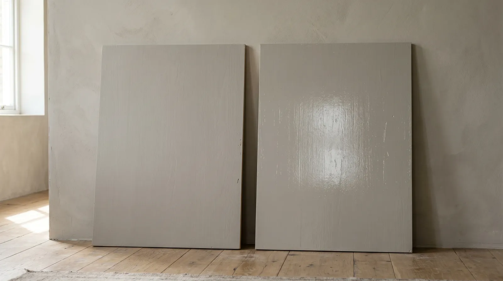 Satin and semi-gloss sample boards side by side in raking light