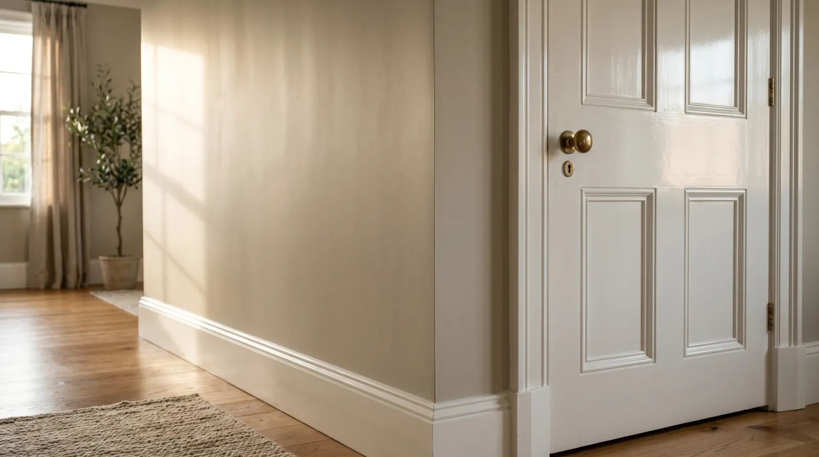A satin wall meeting semi-gloss white trim and a door in raking afternoon light