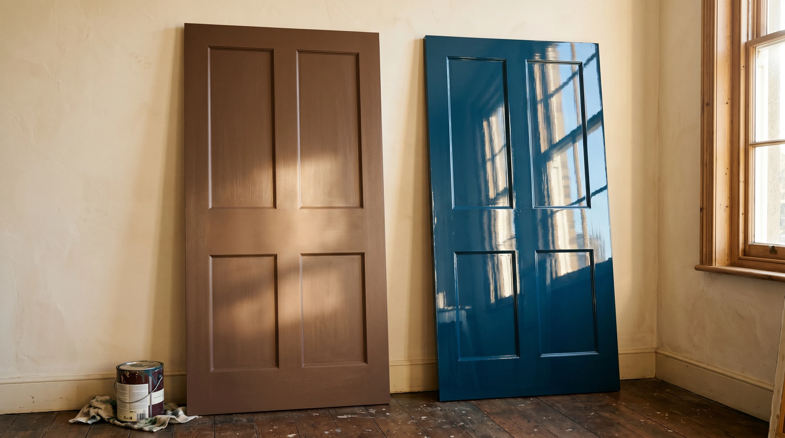 Two door panels in semi-gloss and high-gloss, raking afternoon light
