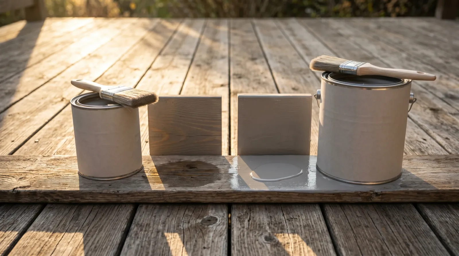 Two cans of warm-gray deck finish on a cedar board, the stained sample showing faint grain, the painted sample showing a glossy uniform film