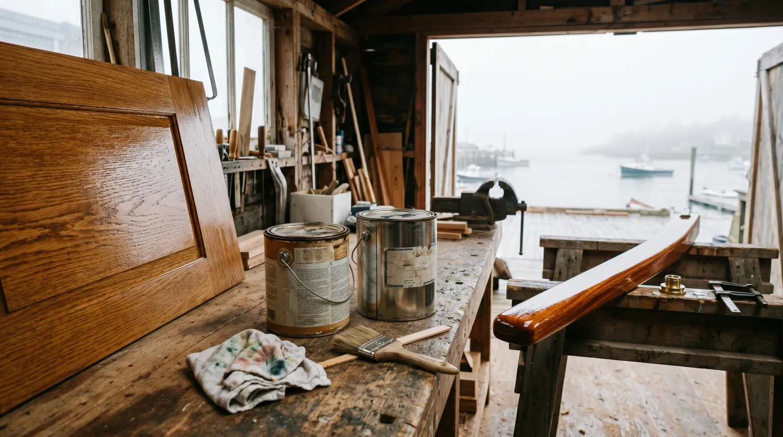 A coastal workshop bench with two clear wood finish cans beside a varnished mahogany tiller and a satin oak exterior door panel.