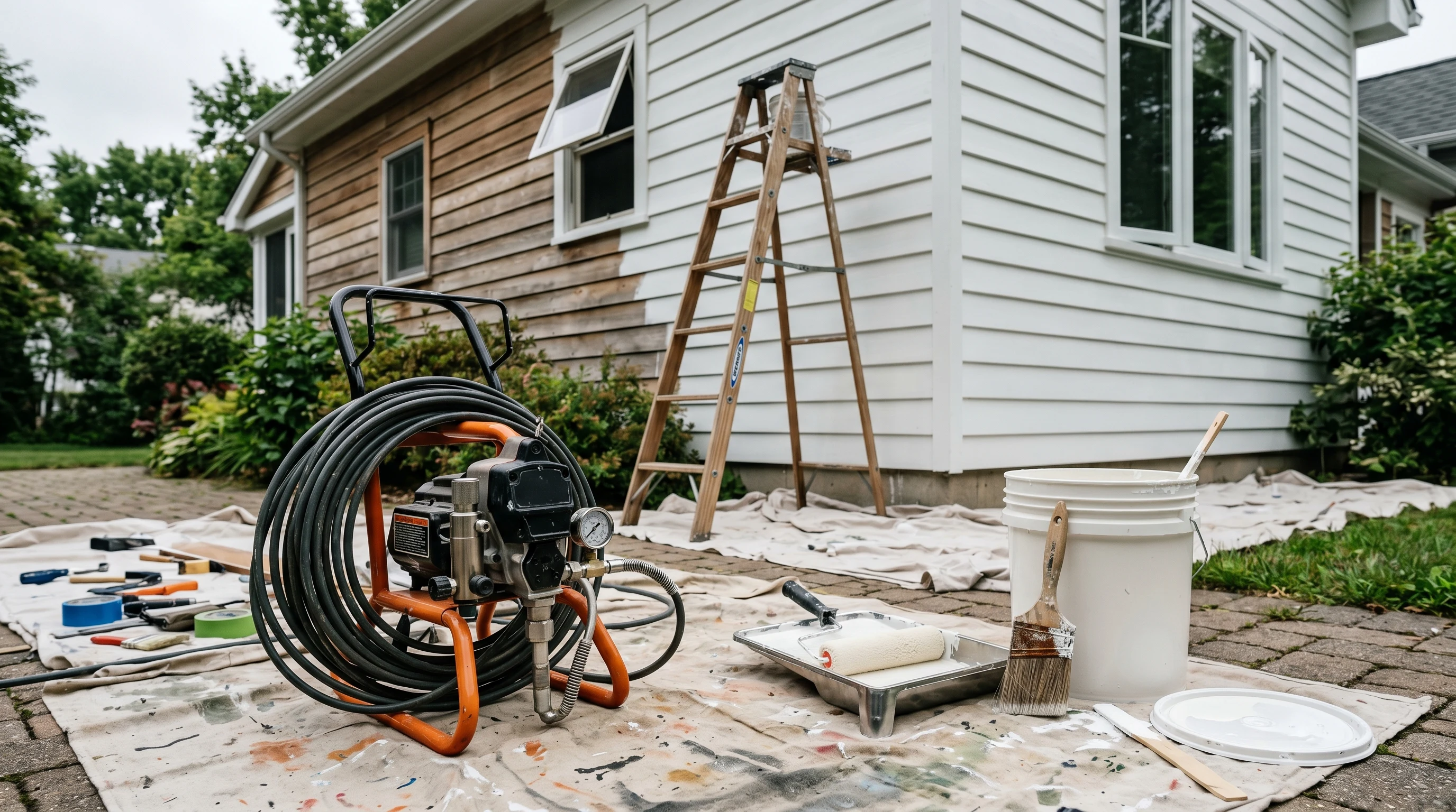 An airless sprayer, a roller in a tray, and a sash brush staged on a painter's exterior jobsite