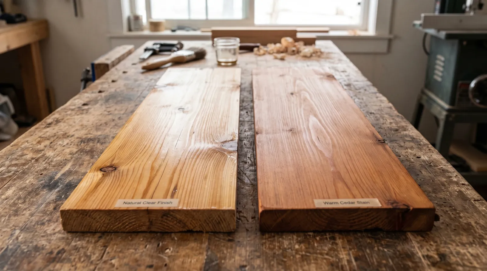 Two cedar boards side by side, one transparent stain and one semi-transparent stain