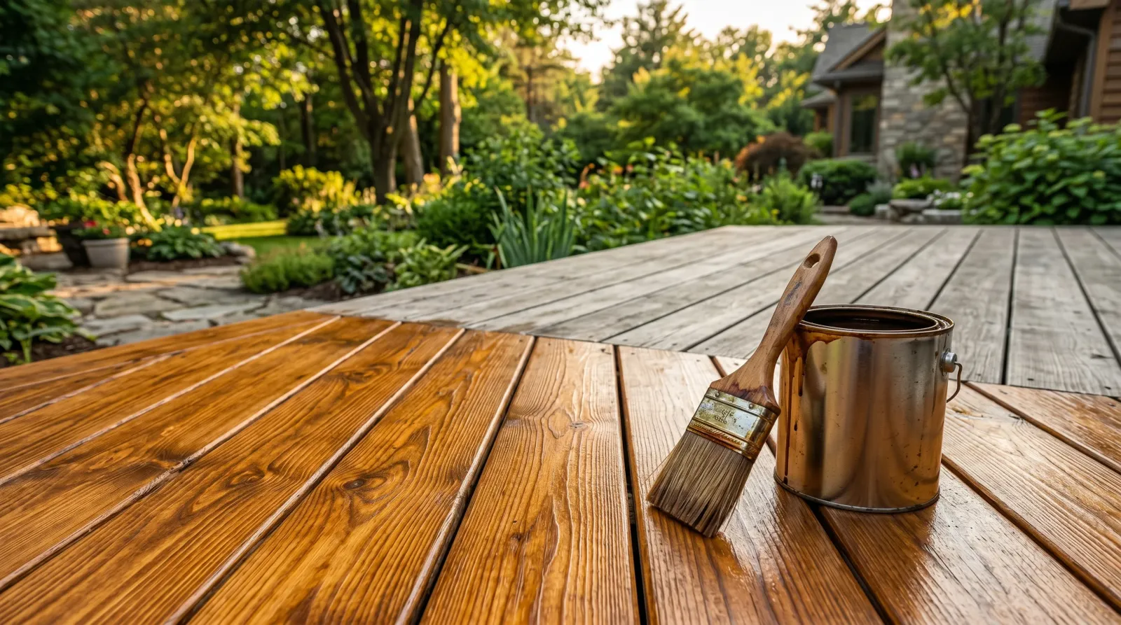 Freshly stained cedar deck with grain showing through in warm daylight