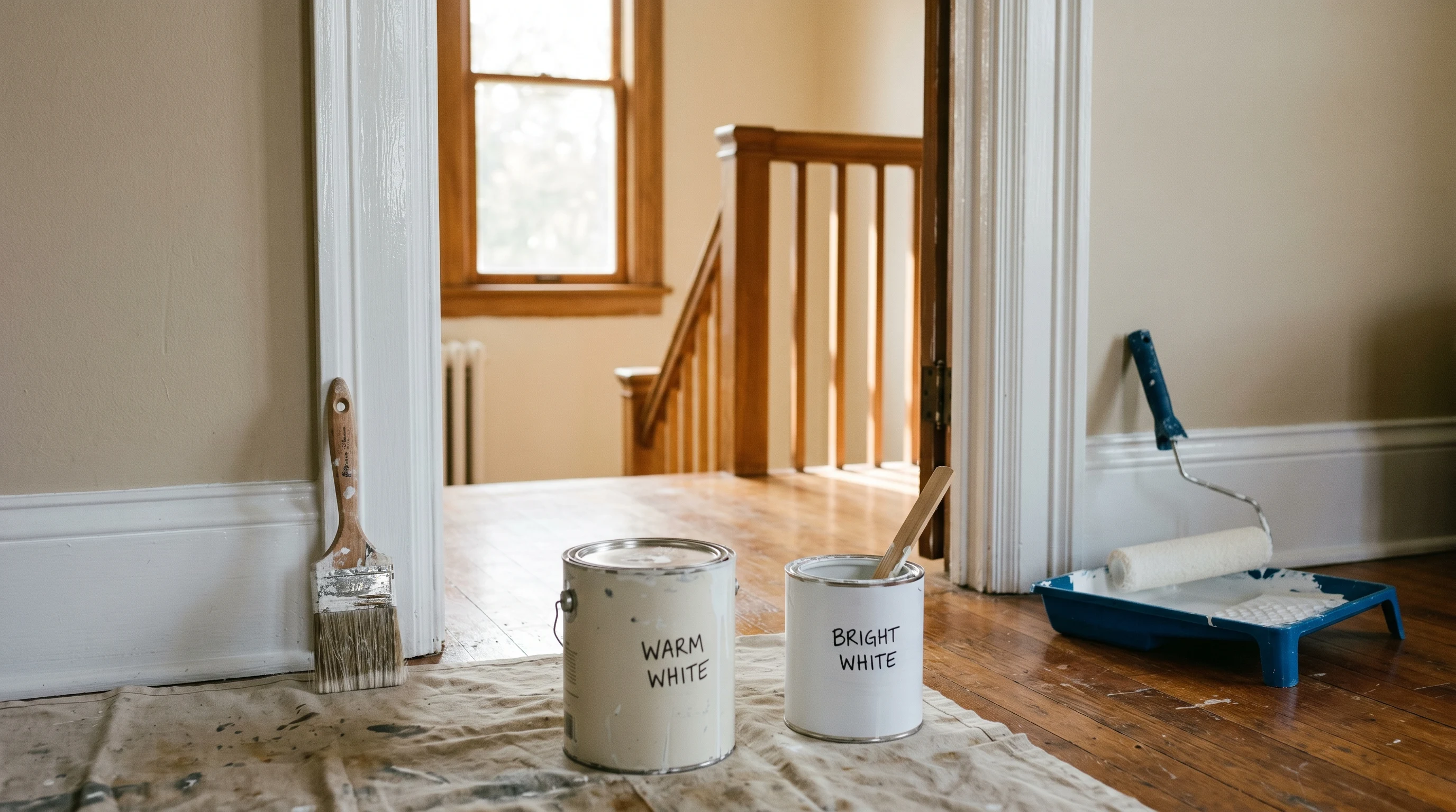 A painter's setup at a sunlit doorway with brush, roller, and two paint cans on a drop cloth.