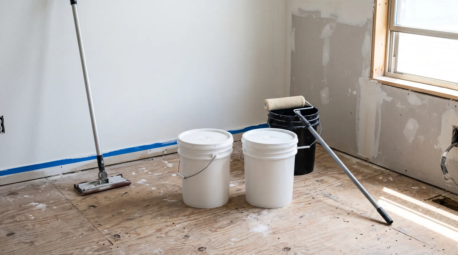 Two unlabeled 5-gallon paint pails on a plywood subfloor in an empty apartment, one wall freshly rolled white and the next still showing drywall patches