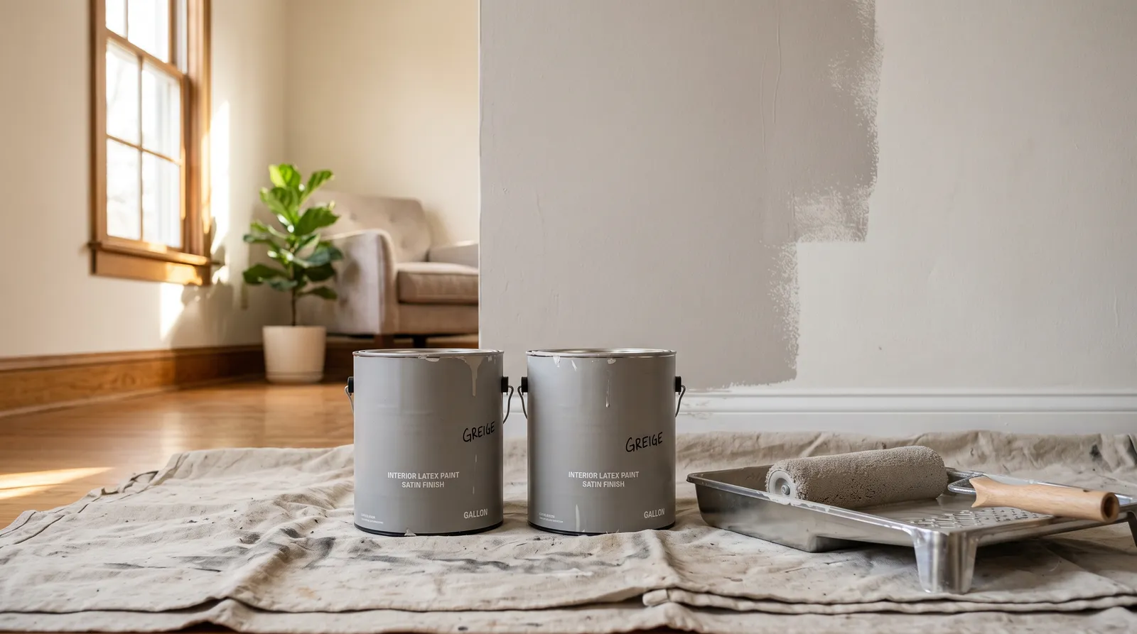 Two interior paint cans on a drop cloth in a sunlit living room with a roller and tray, a half-painted greige wall behind