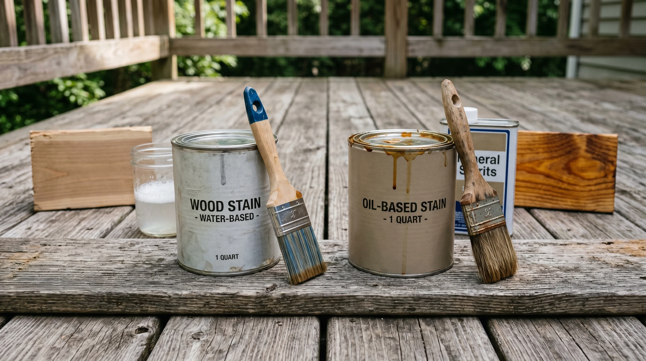 Two wood stain cans on a cedar deck board beside their solvents and two cedar test boards showing a lighter water-based swatch and a deeper oil-based swatch with stronger grain reveal
