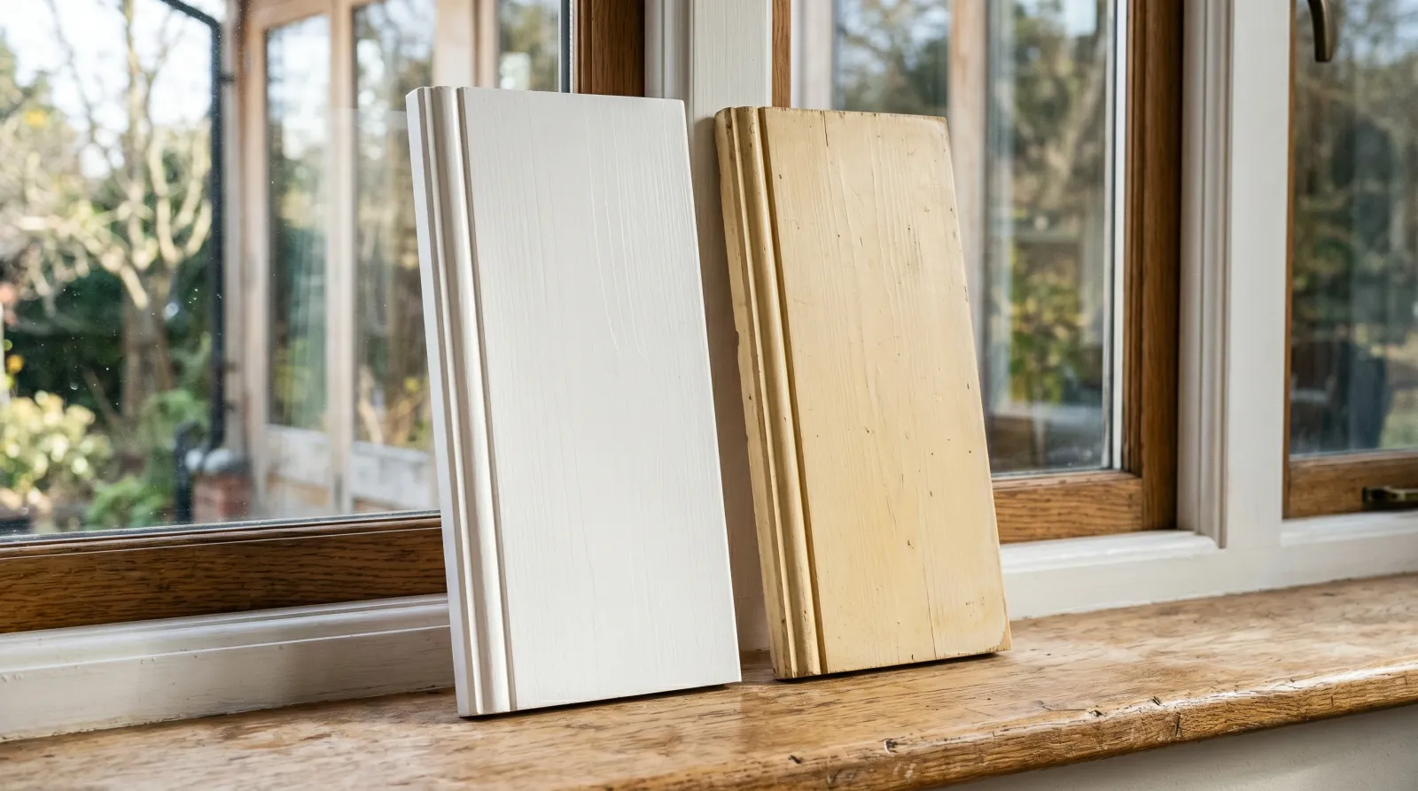 Two white trim boards side by side, one color-stable and one yellowed with age