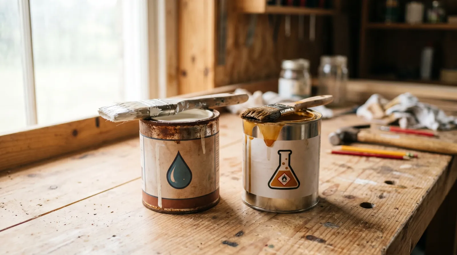 Two paint cans side by side on a workbench, waterborne alkyd and traditional alkyd