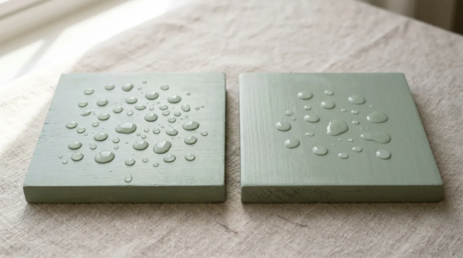Two chalk-painted sample boards with water beading on each, waxed finish on the left and polycrylic on the right.