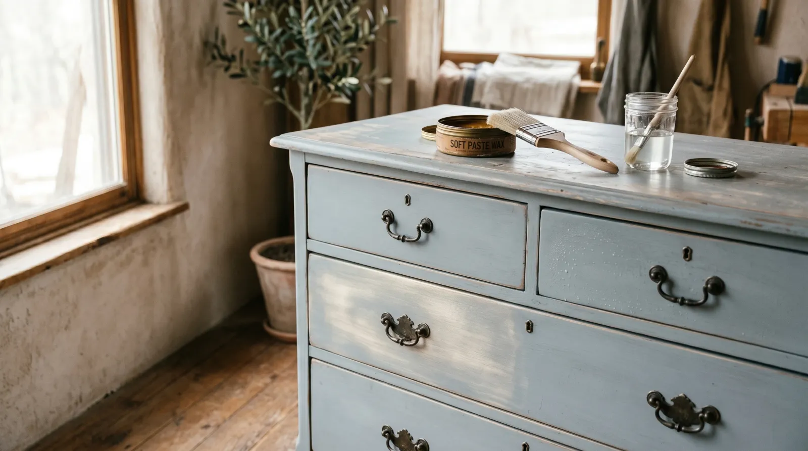 A chalk-painted dresser with one drawer waxed and one drawer sealed with clear top coat, a wax tin and brush on top.