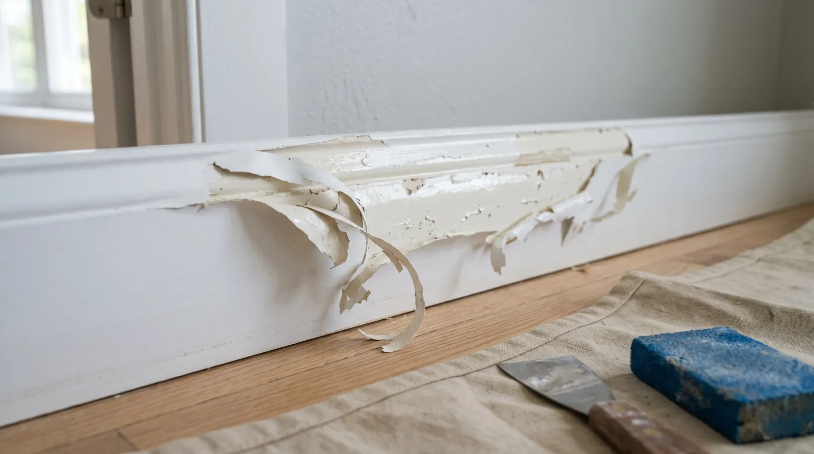 Peeling white paint on interior baseboard exposing the older oil-based finish beneath