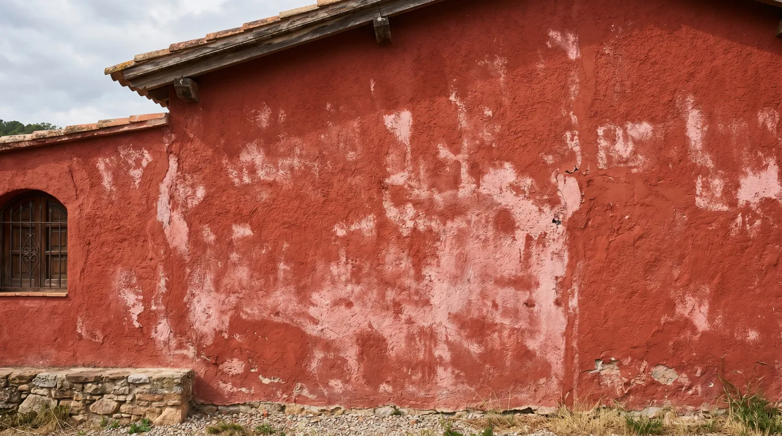 New stucco wall painted red with pale chalky blotches where alkali burn has faded the color