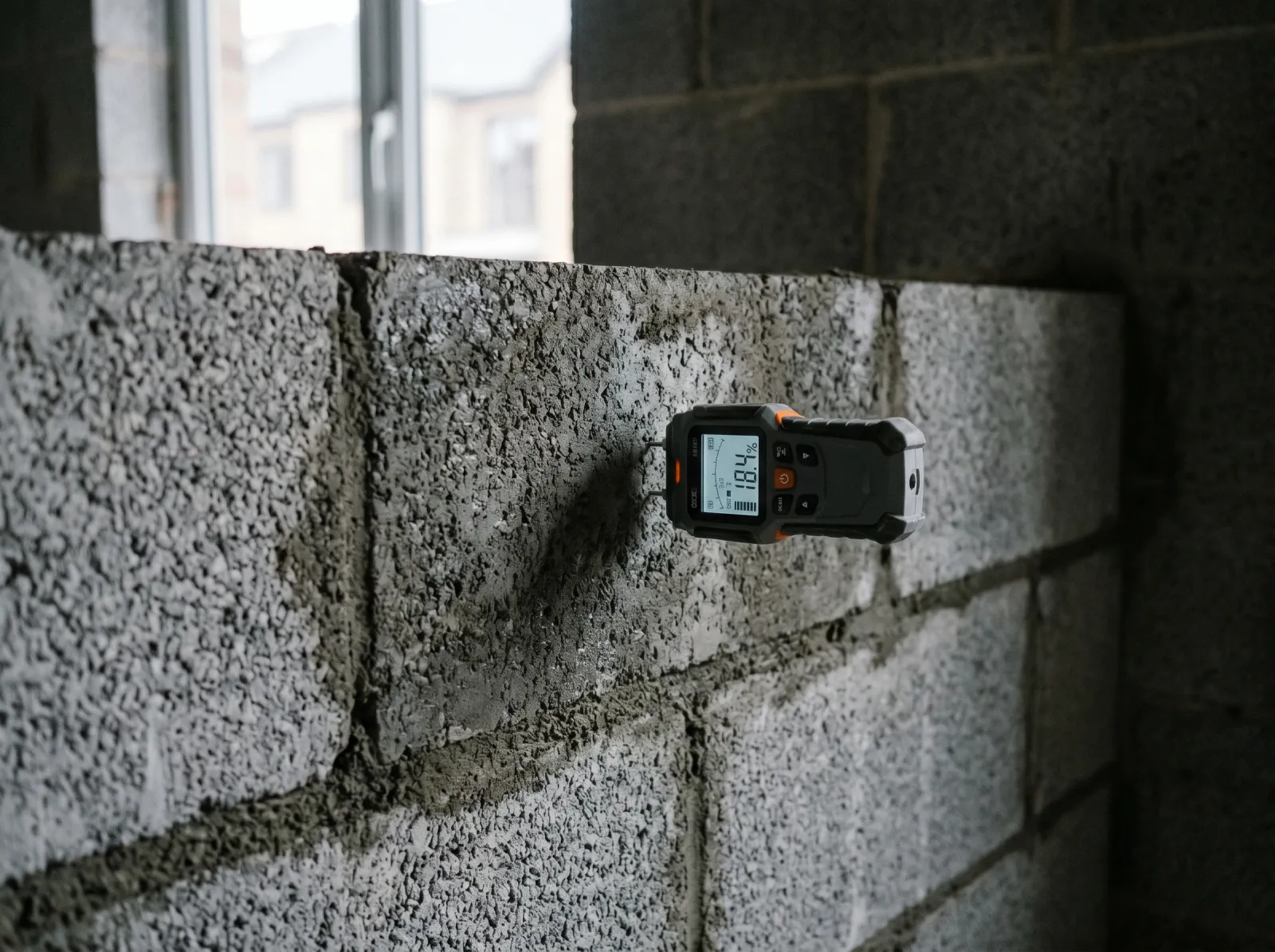 Moisture meter resting against a fresh concrete block wall being checked before painting