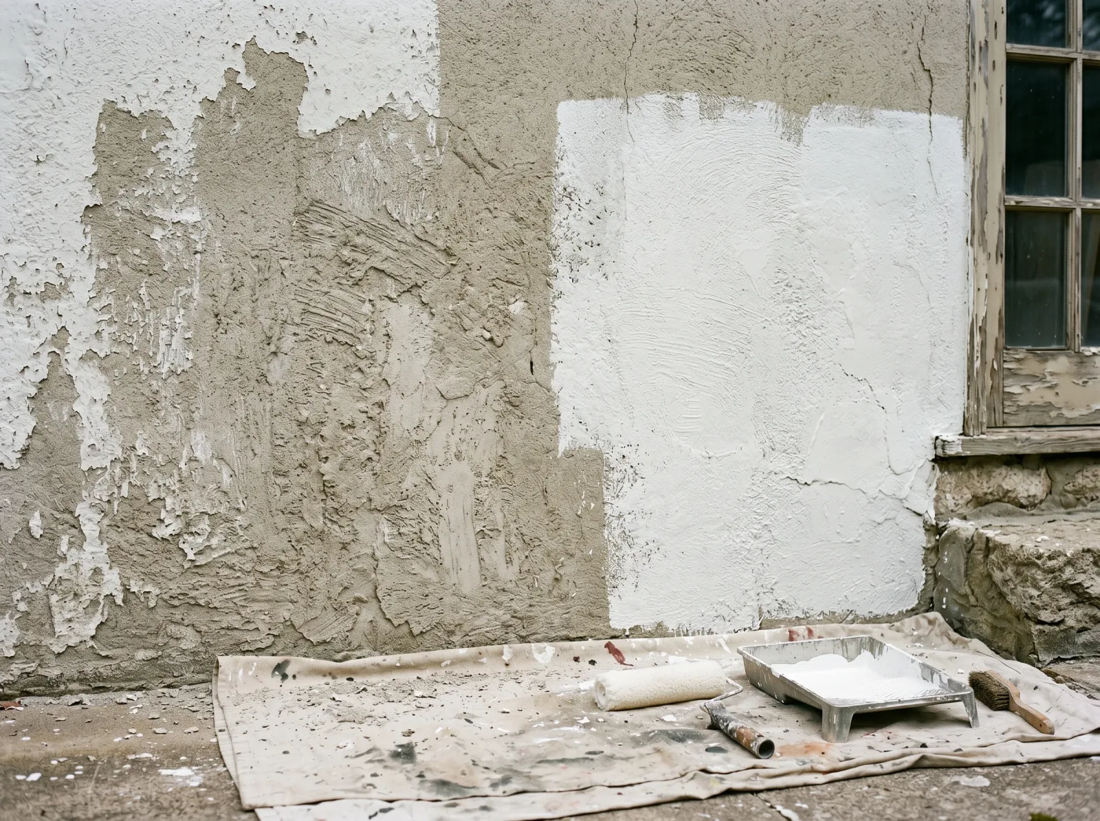 Stucco wall stripped of failed paint on one side and primed with white masonry primer on the other