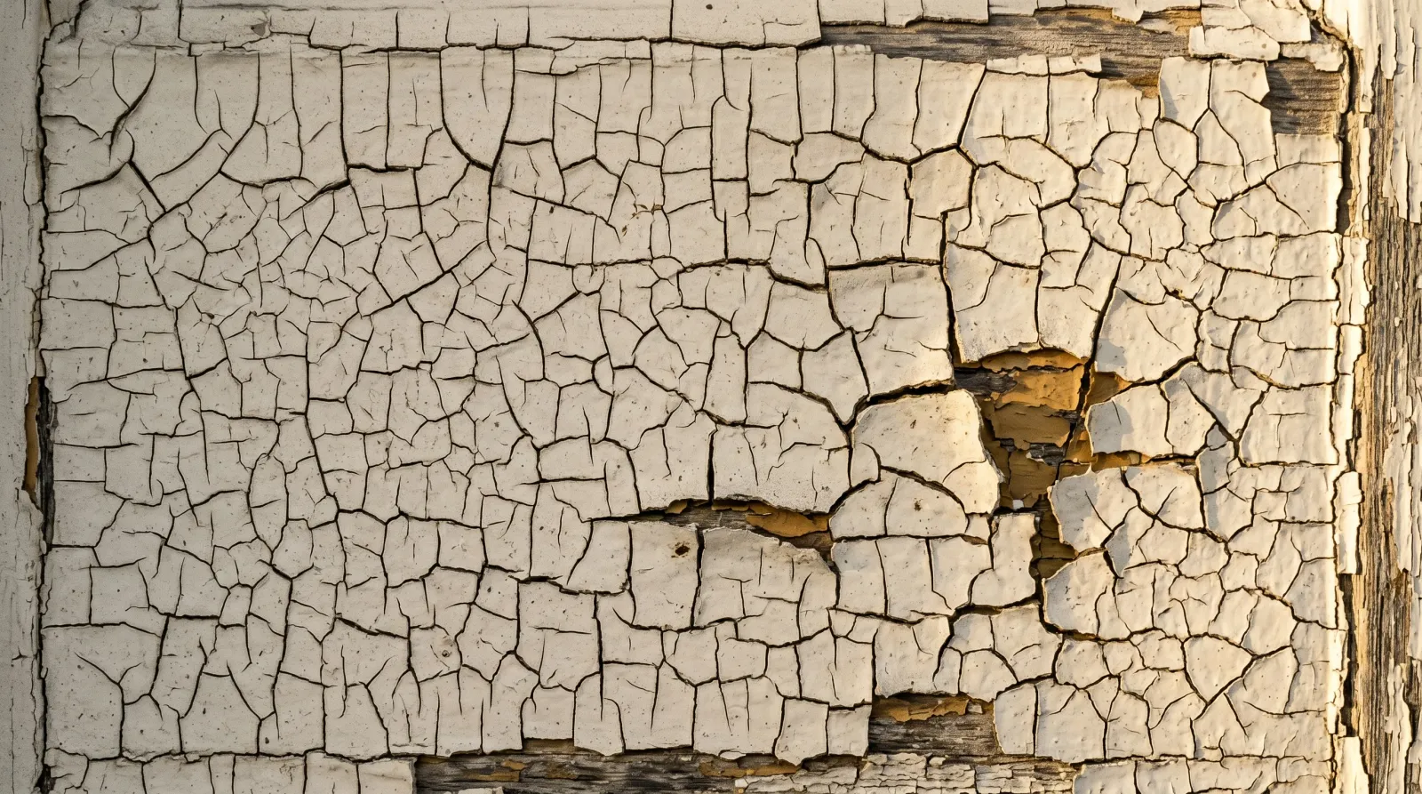 Exterior wood door panel with paint cracked into a tight alligator-skin grid under raking afternoon light