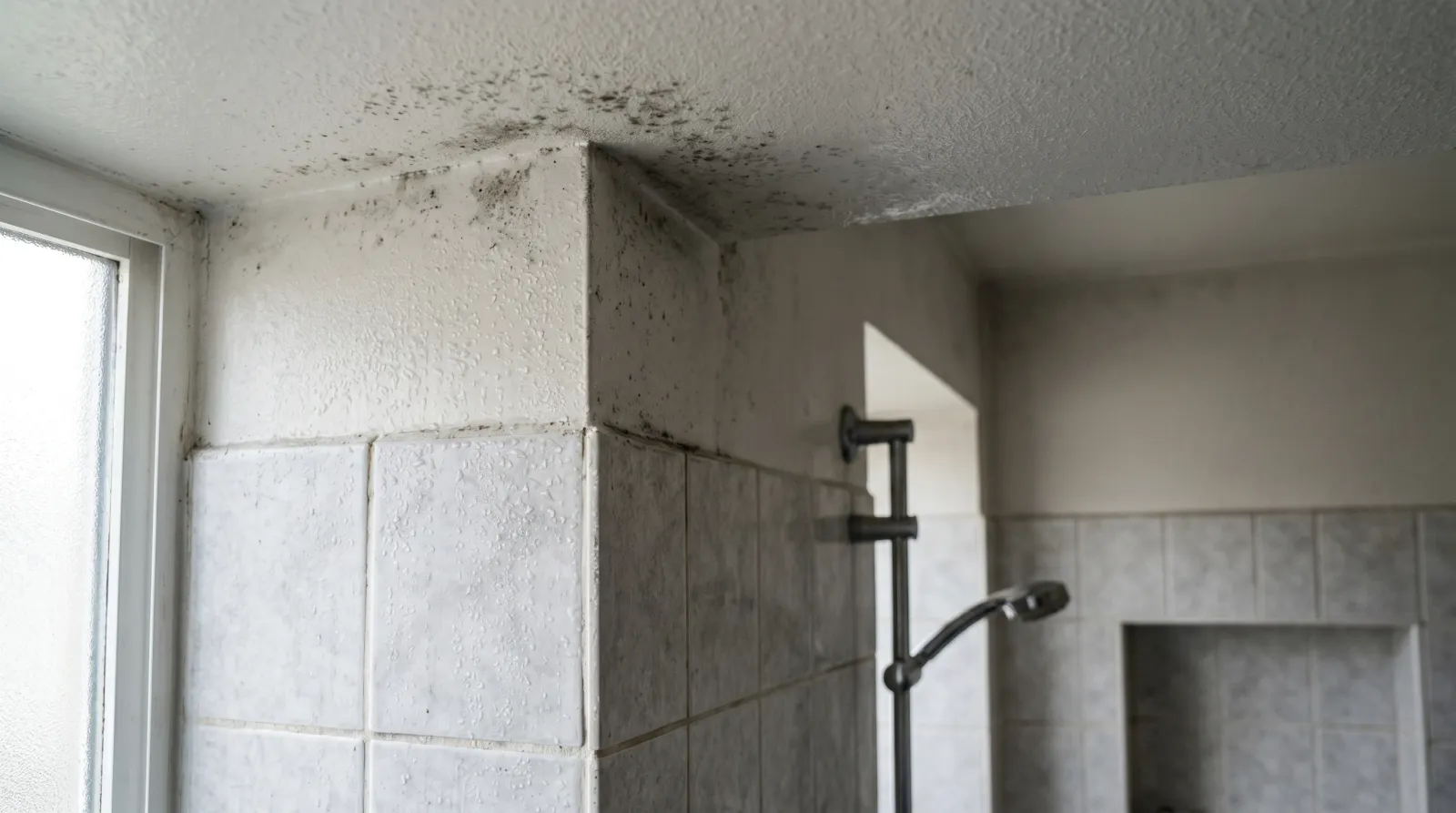 Cold bathroom wall with beads of condensation and faint mildew spotting in the corner