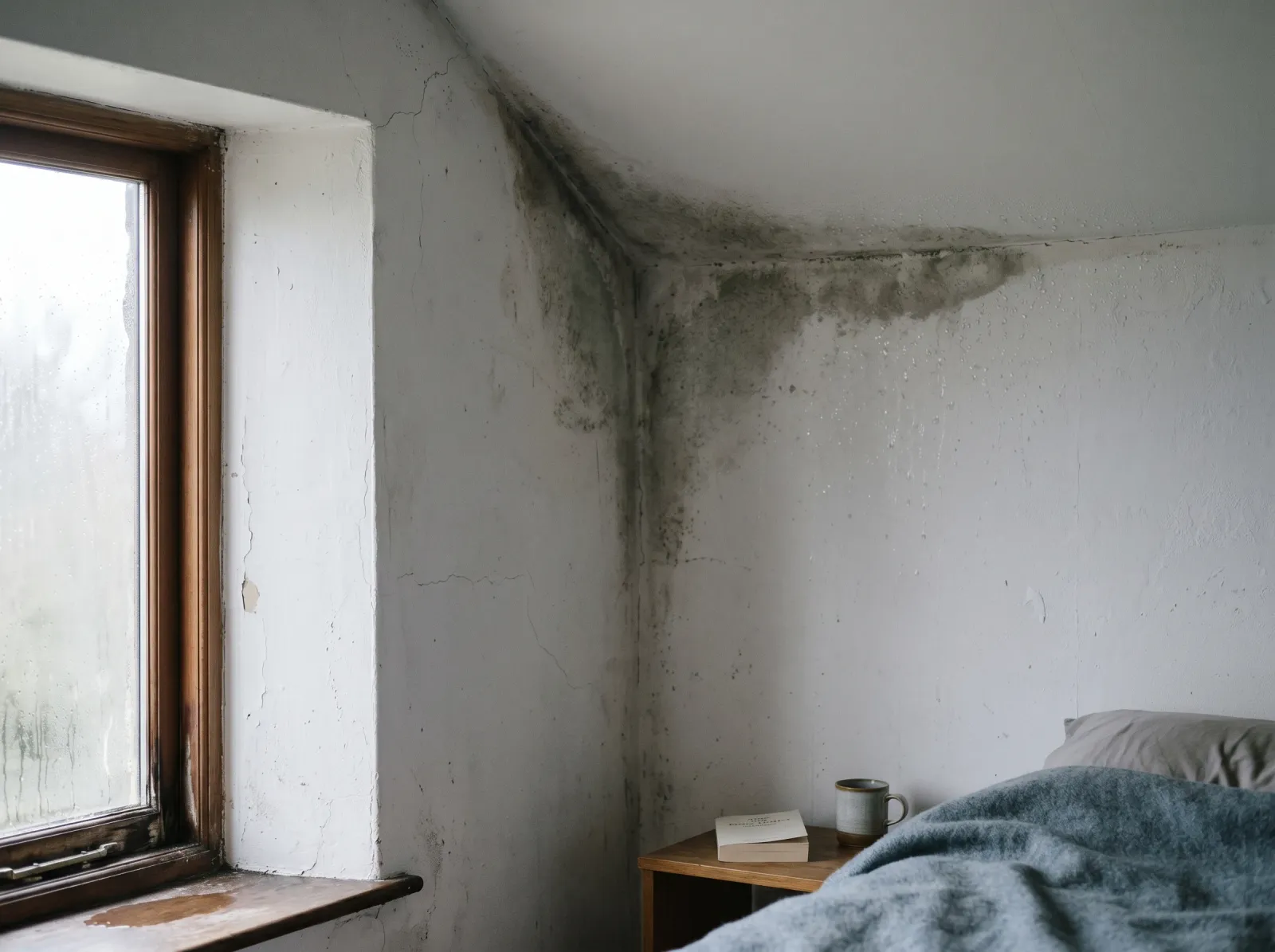 Cold ceiling corner showing condensation droplets and the start of mildew growth