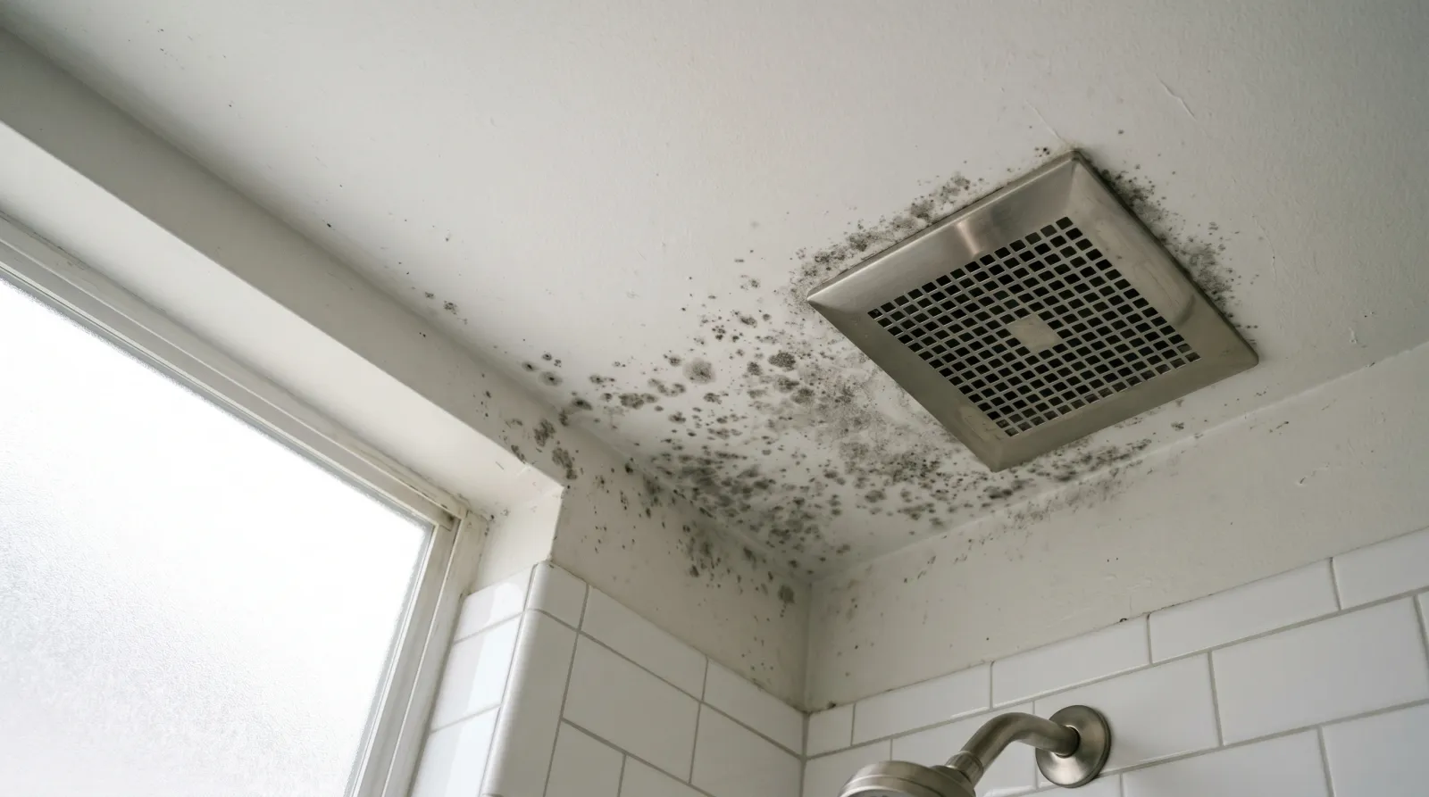 Bathroom ceiling above the shower showing dark mildew spots fanning out from the exhaust vent in morning light