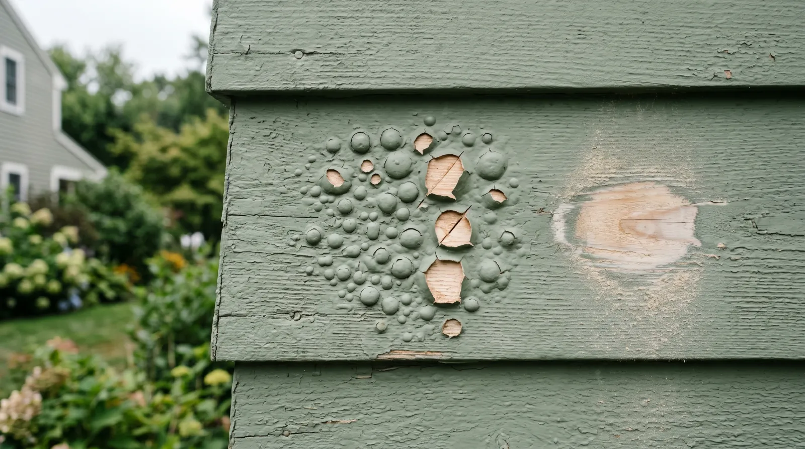 Cluster of round paint blisters on exterior wood siding, some lanced open showing dry substrate