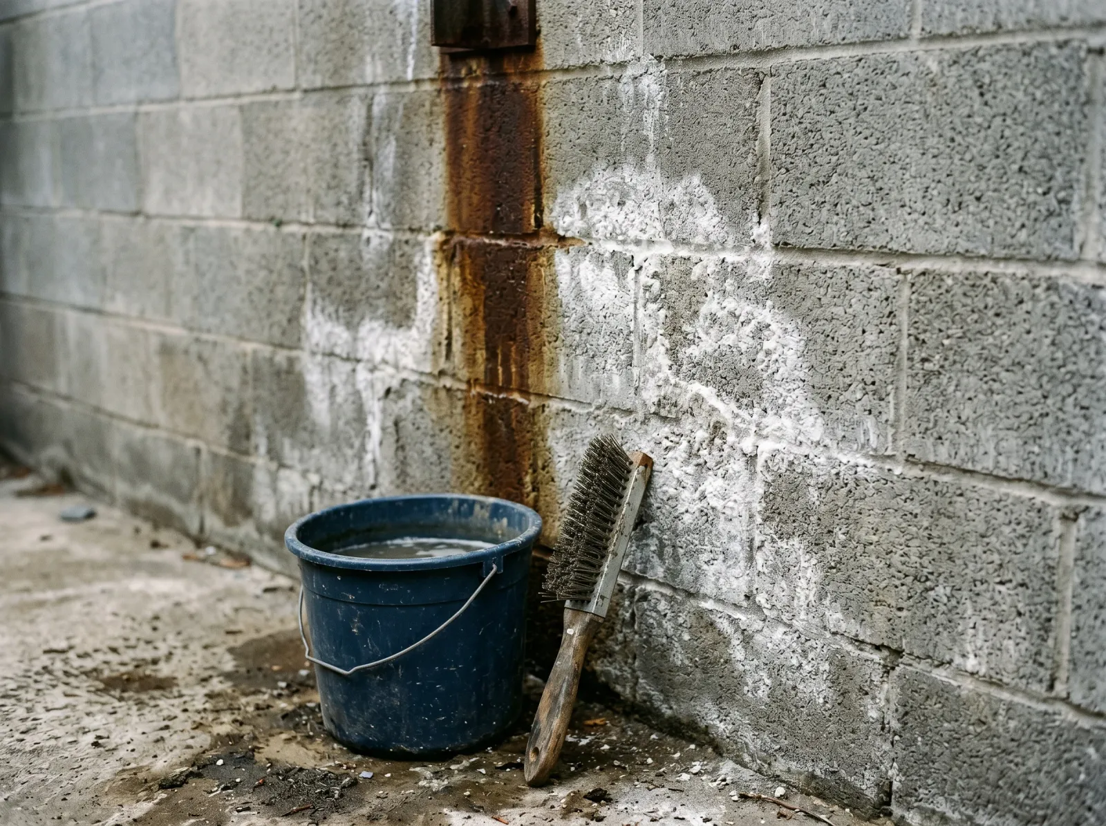 Bare concrete block wall with rust stains and white efflorescence, wire brush and cleaning bucket nearby