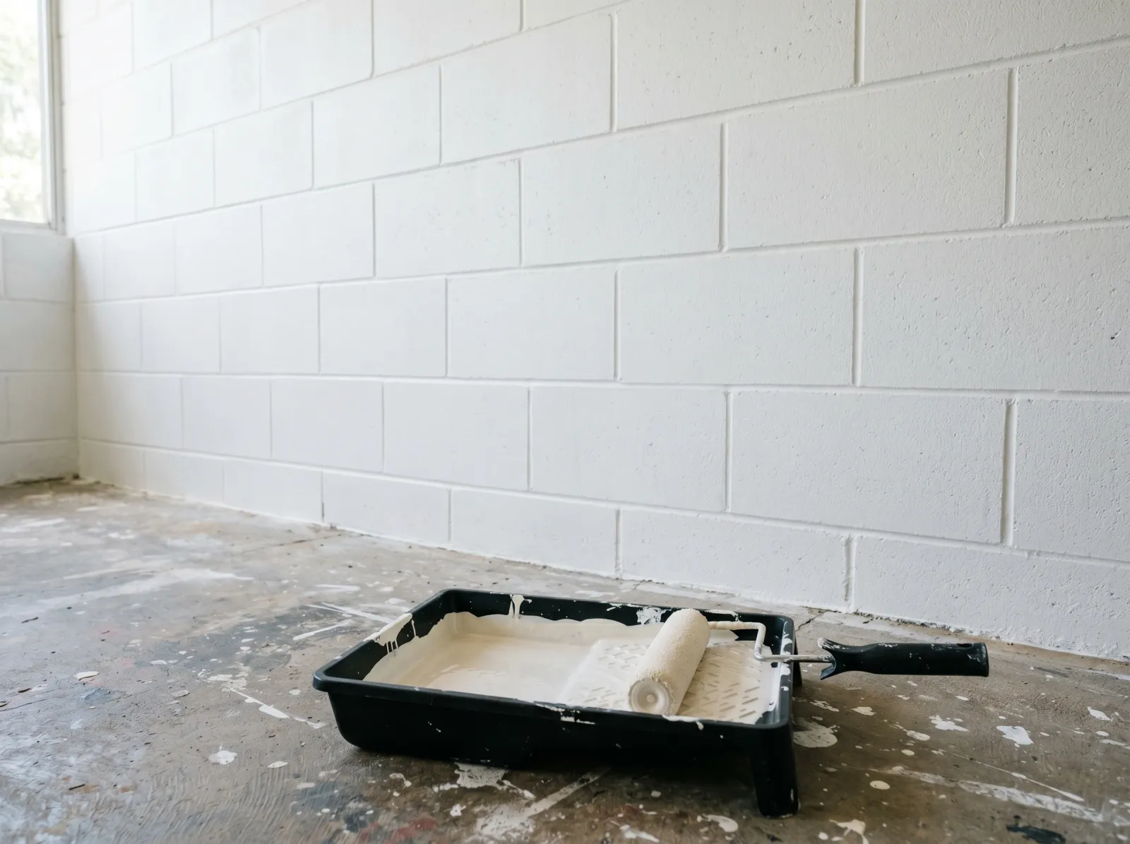 Concrete block wall coated in white stain-blocking primer with the stains hidden