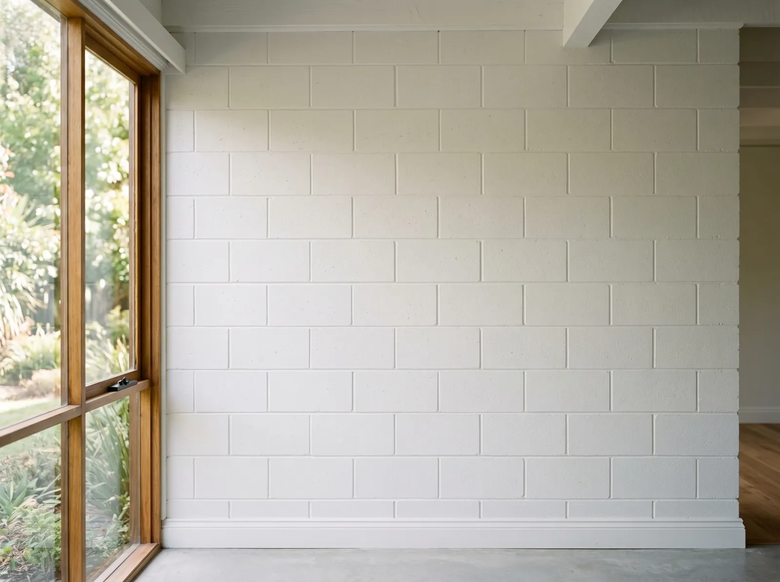 Finished concrete block wall painted clean satin white with no stains showing