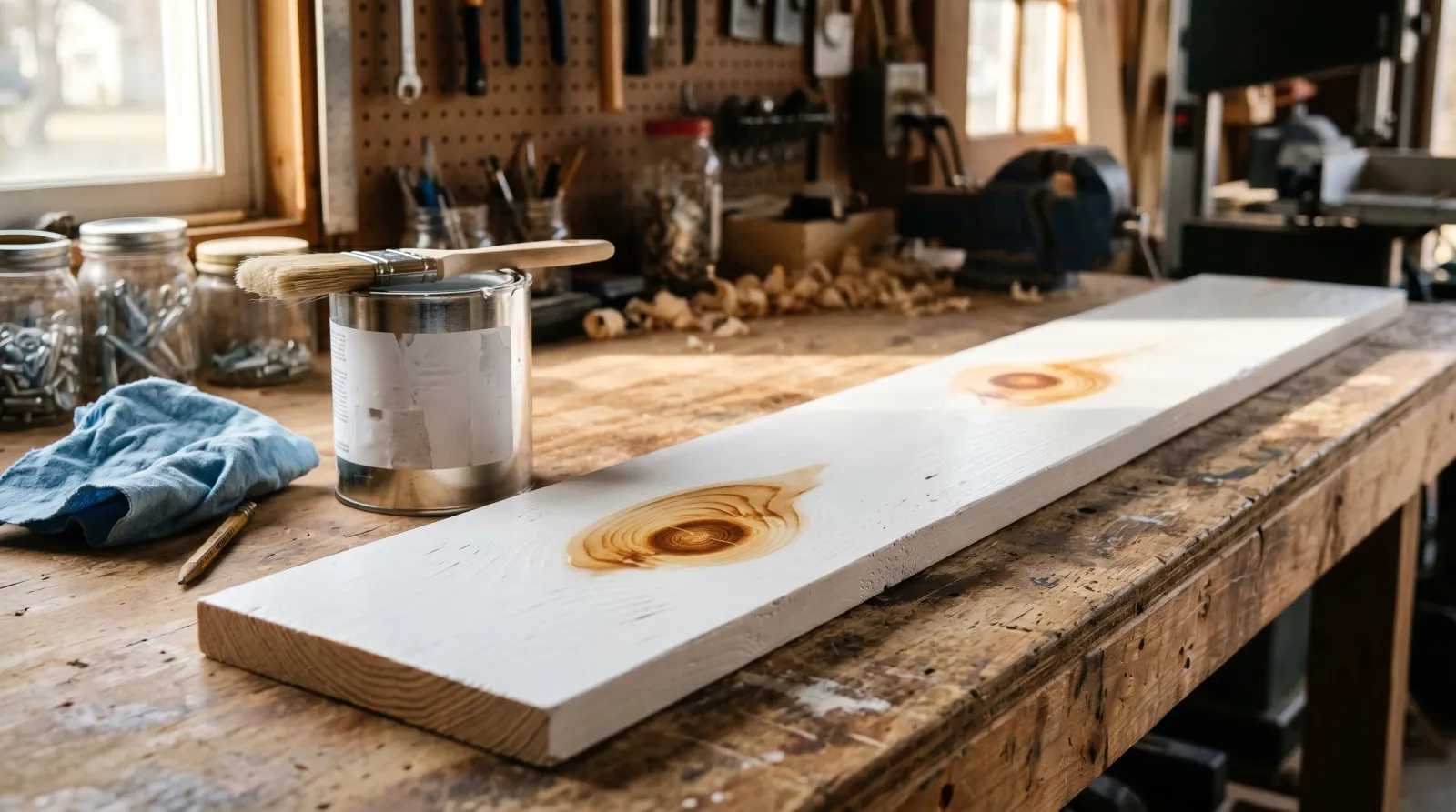 White-painted pine trim board on a workbench with amber bleed rings around two knots, shellac primer can and brush nearby