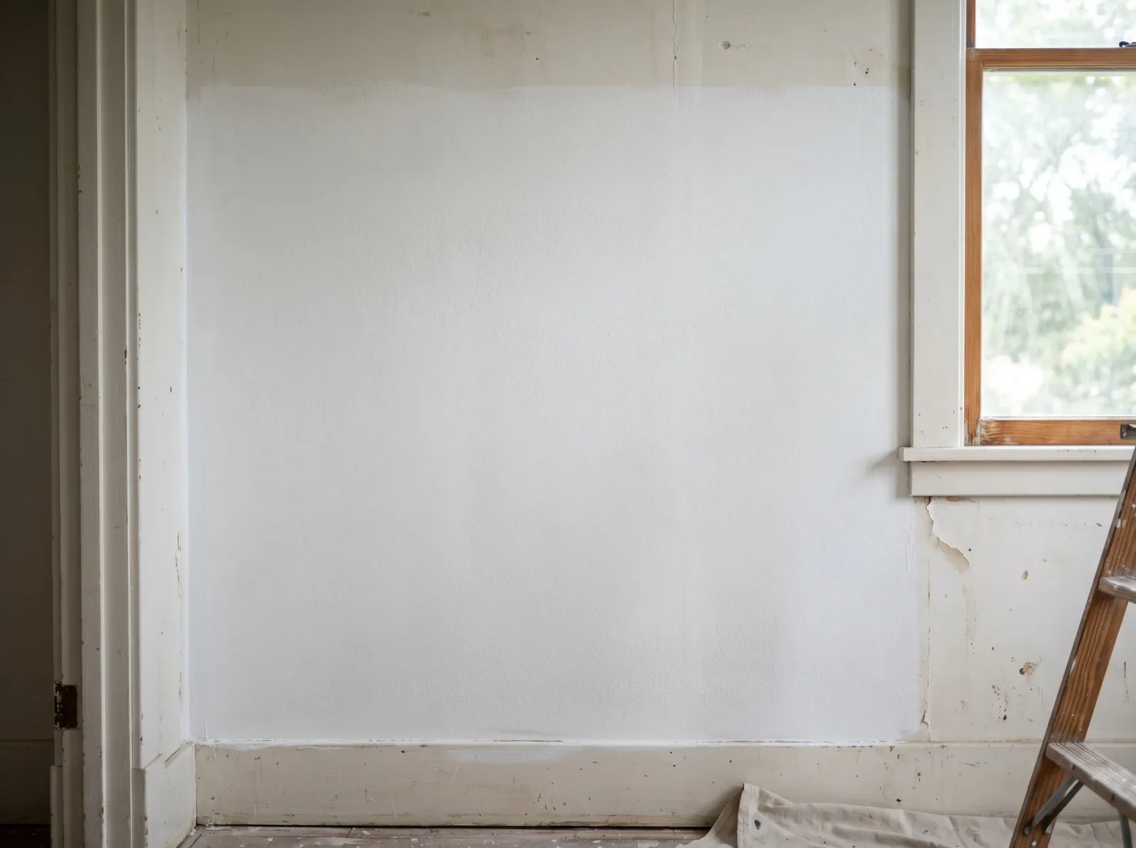 Wall section sealed with white shellac stain-blocking primer hiding the old stains