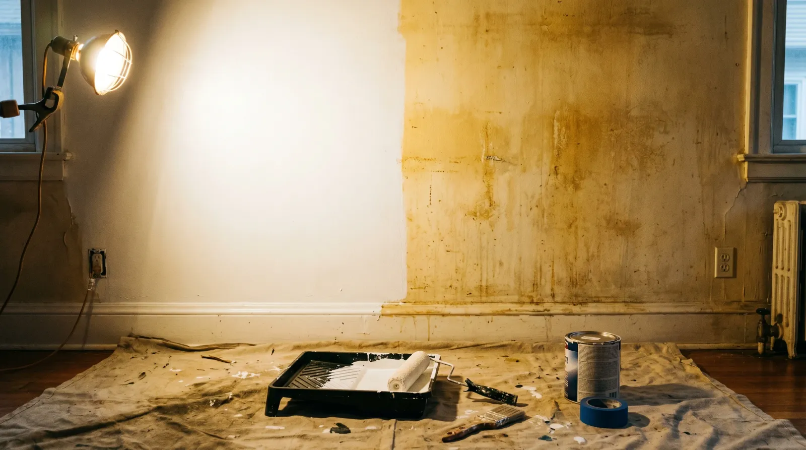Living room wall half stripped of yellow-brown nicotine film and freshly primed bright white, drop cloth and roller tray in foreground