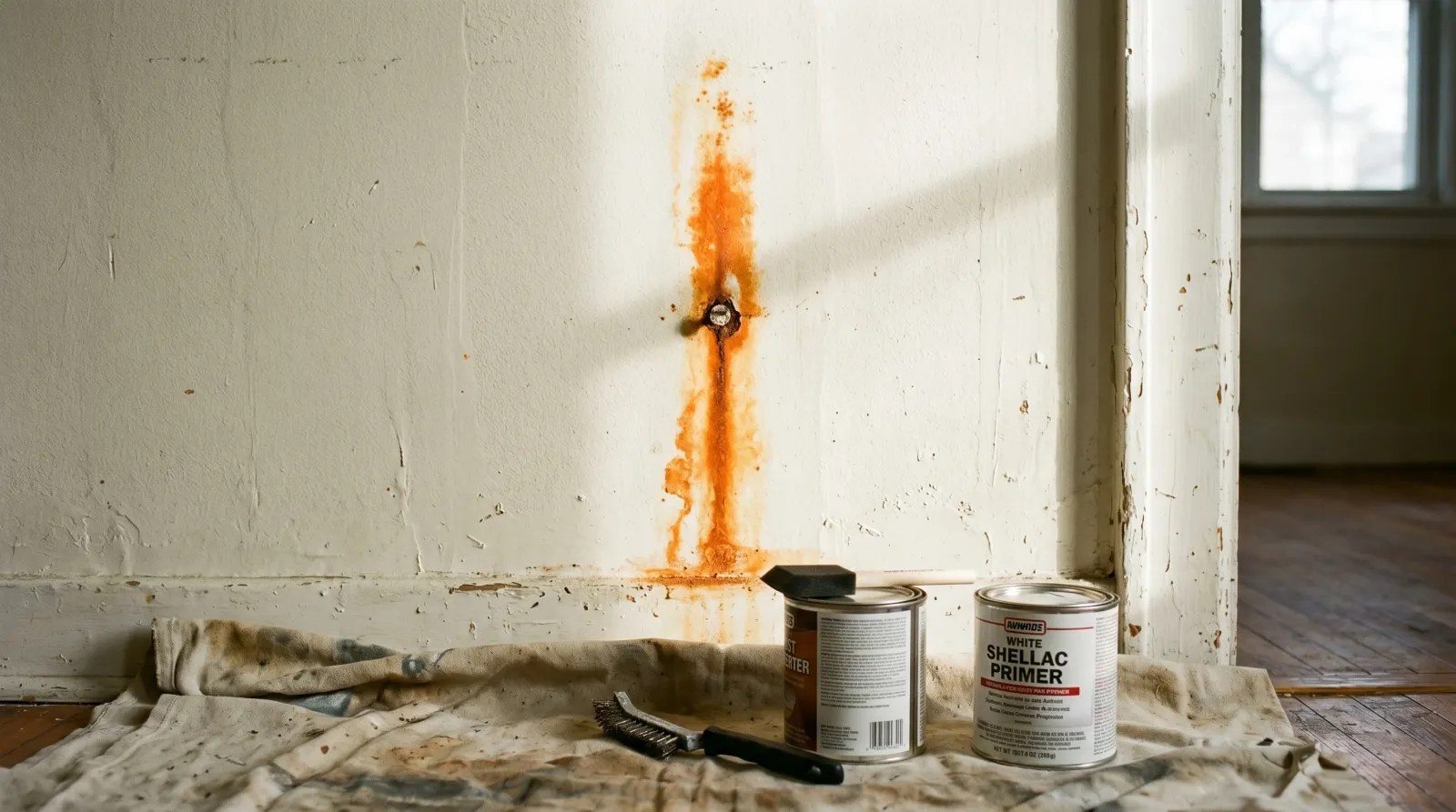 Interior drywall wall with a vertical orange rust streak around a popped nail head, wire brush and primer can on a drop cloth below
