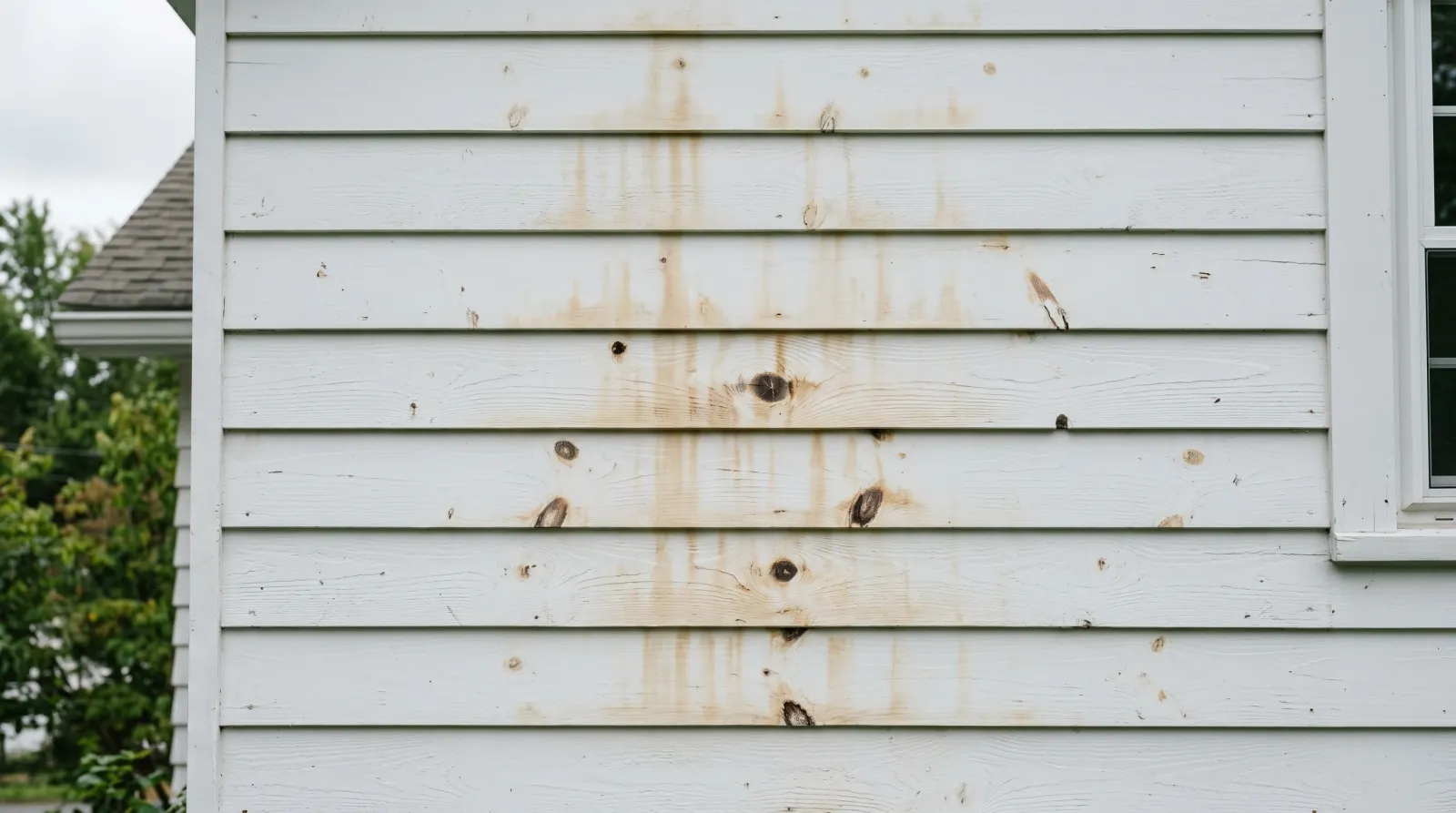 White-painted cedar siding with amber tannin stains bleeding up through the paint along the grain and around knots