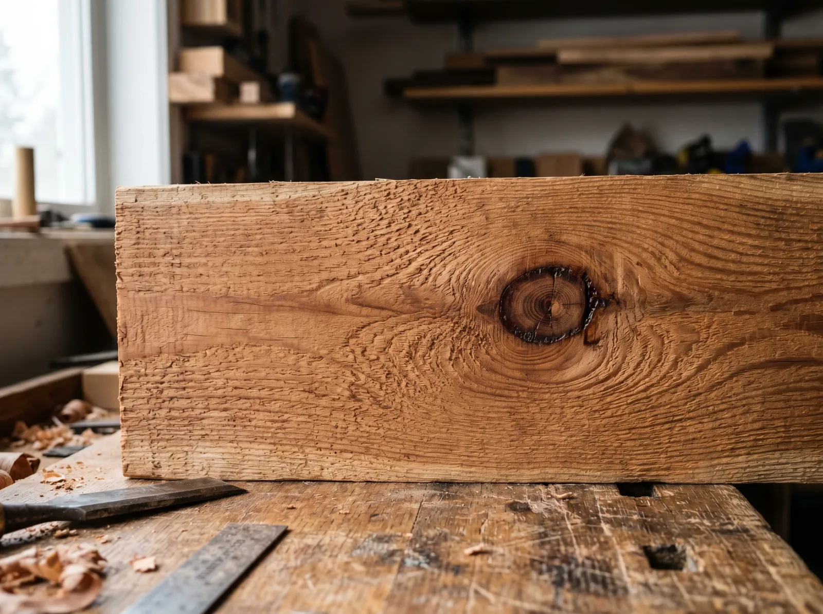 Raw cedar board showing open grain and a dark resinous knot before priming