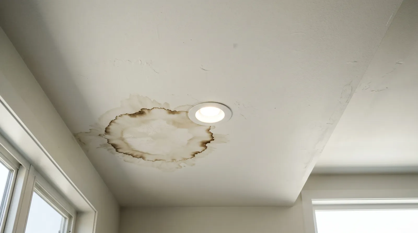 White ceiling with a brown-ringed water stain spreading near a recessed light fixture