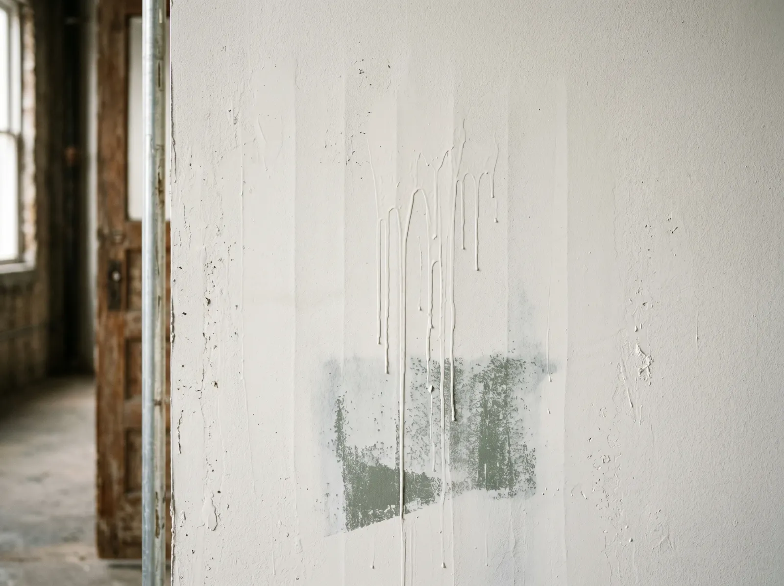 Wall section showing roller bands, drips, and bleed-through from a botched coat