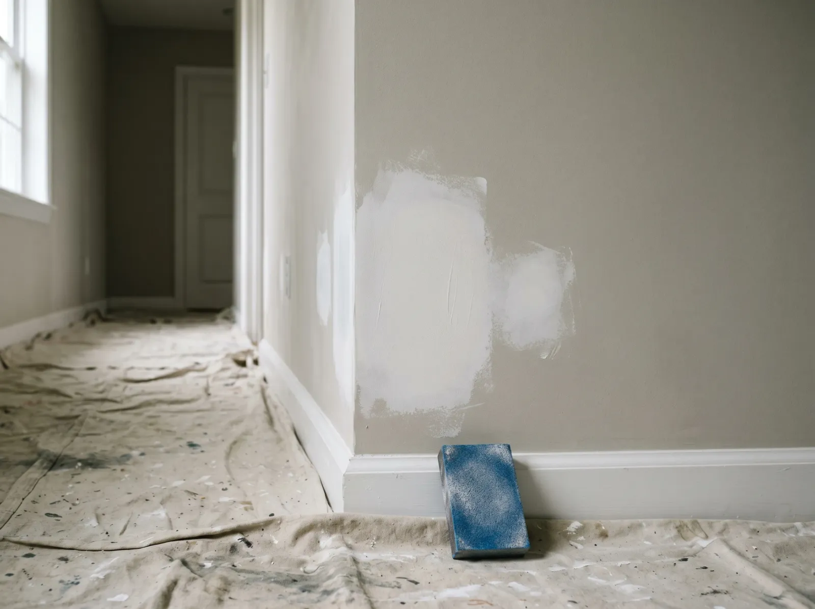 Wall sanded smooth with stain-blocking primer drying on spot-treated areas before recoating