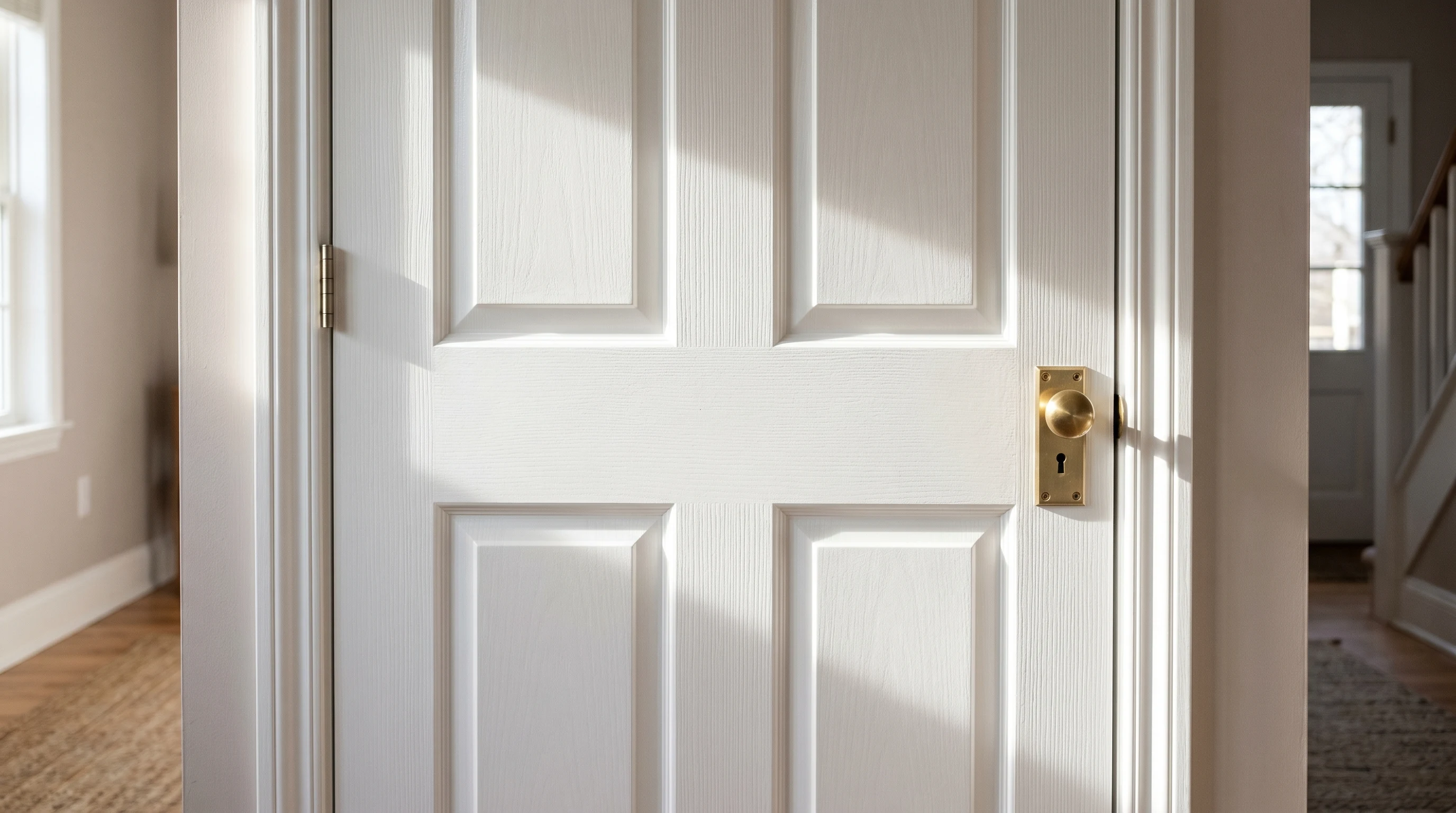 Freshly painted white six-panel interior door under raking morning light revealing fine vertical brush stroke lines across the rails