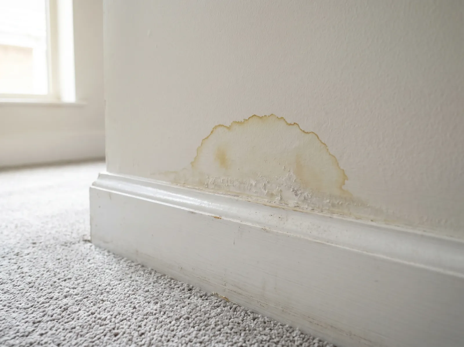 Dried yellow-brown cat urine stain with faint crystalline residue on a lower wall and baseboard