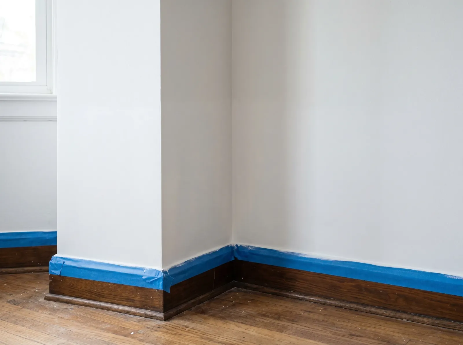 Lower wall corner sealed under an even coat of white stain-blocking primer with the baseboard taped off